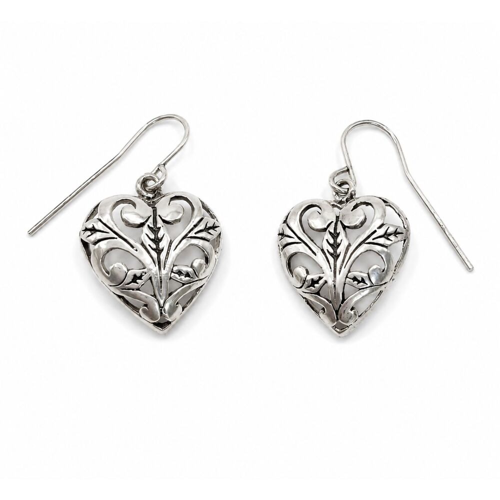 Vintage 925 Sterling Silver Heart Shaped Ornate Filigree Design Dangle Earrings